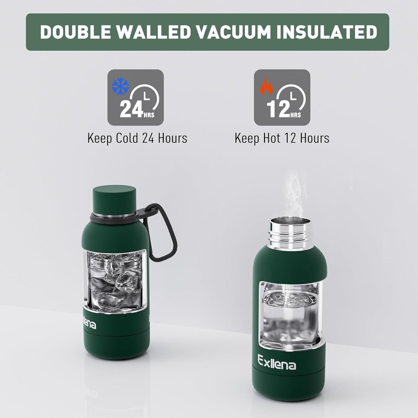 Small Water Bottle 12oz with Clip, Double Wall Stainless Steel Vacuum Small Insulated Water Bottle Keeps Drinks Cold 24 Hrs/Hot 12 Hrs for Kids Handbag School BPA Free (Emerald Green)