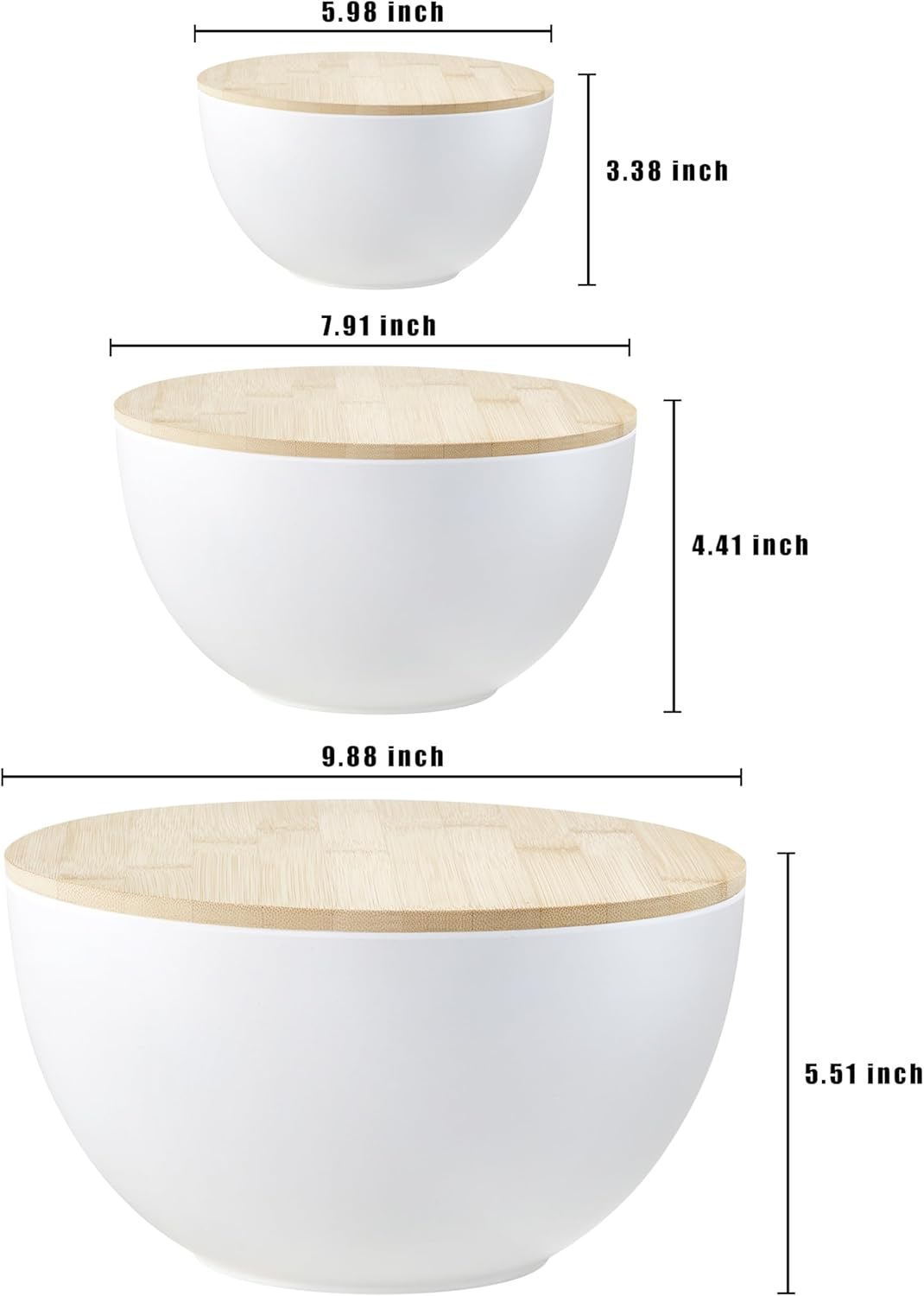 JOYMAY Salad Bowls, Mixing Bowl Salad Bowl Set, Natural Bamboo Fiber Serving Bowl Set of 3 with Bamboo Wood Lid, Nesting Bowls for Salads,Pastas(White,10",8",6")