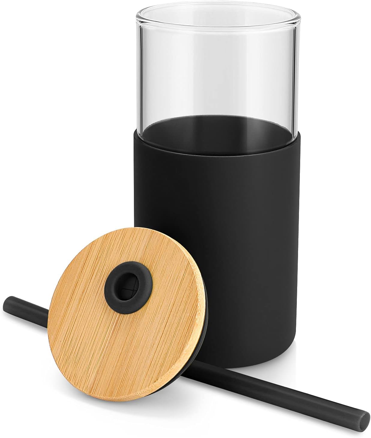 Tronco 16 oz Glass Tumbler with Straw and Bamboo Lid, Iced Coffee Cup Reusable, Smoothie Cups, Tumbler with Silicone Protective Sleeve - BPA Free