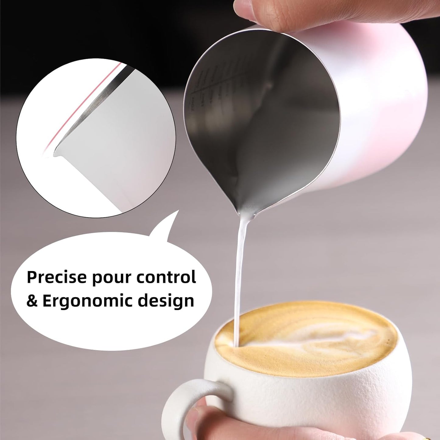 600ml Pink Milk Frothing Pitcher – Stainless Steel Latte Art Coffee Cup with Measurement Markings, Espresso Steaming Jug, Food-Grade & Heat-Resistant for Barista & Home Brewing (Pink white-600ml)