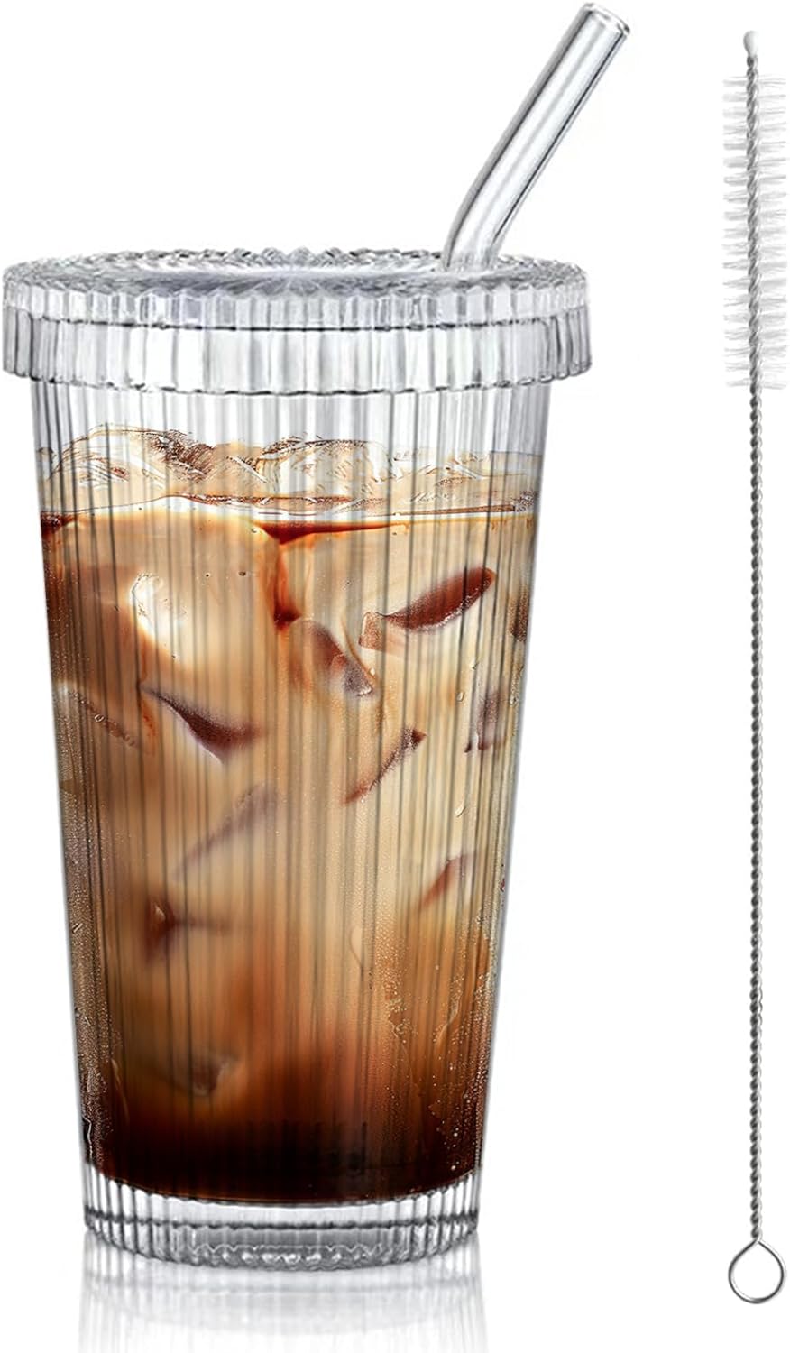 13oz Clear Iced Coffee Cups with Lids, Clear Glass Tumbler with Straw & Lid, Ribbed Glassware Cups, Dishwasher Safe Drinking Glasses, Stylish Glass Cups for Coffee, Juice, Tea, Matcha