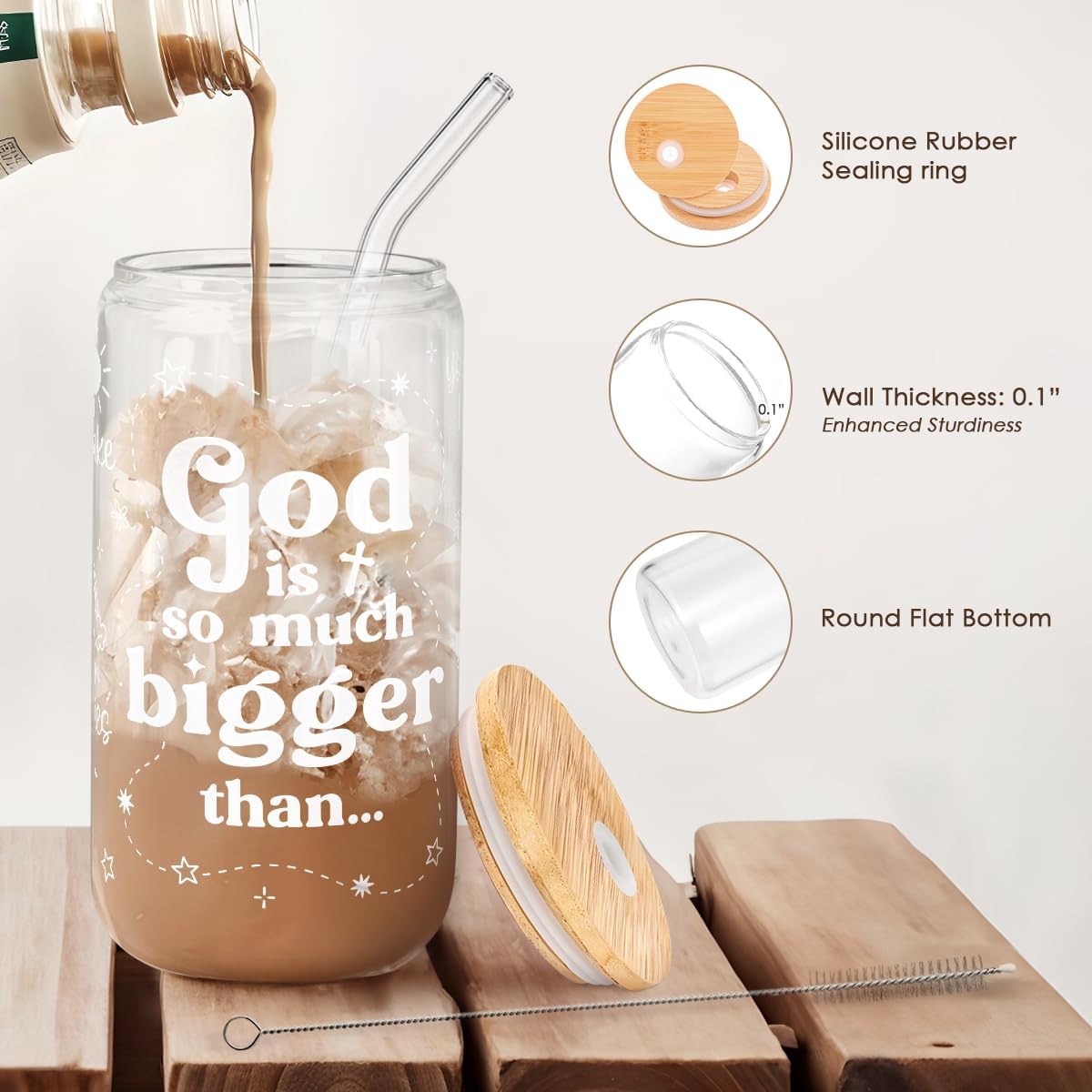 Christian Inspiration16oz Can Glass Tumbler with Bamboo Lid & Straw, Inspirarional Iced Coffee Cup for Women Girls, Religious Gift for Birthday Christmas