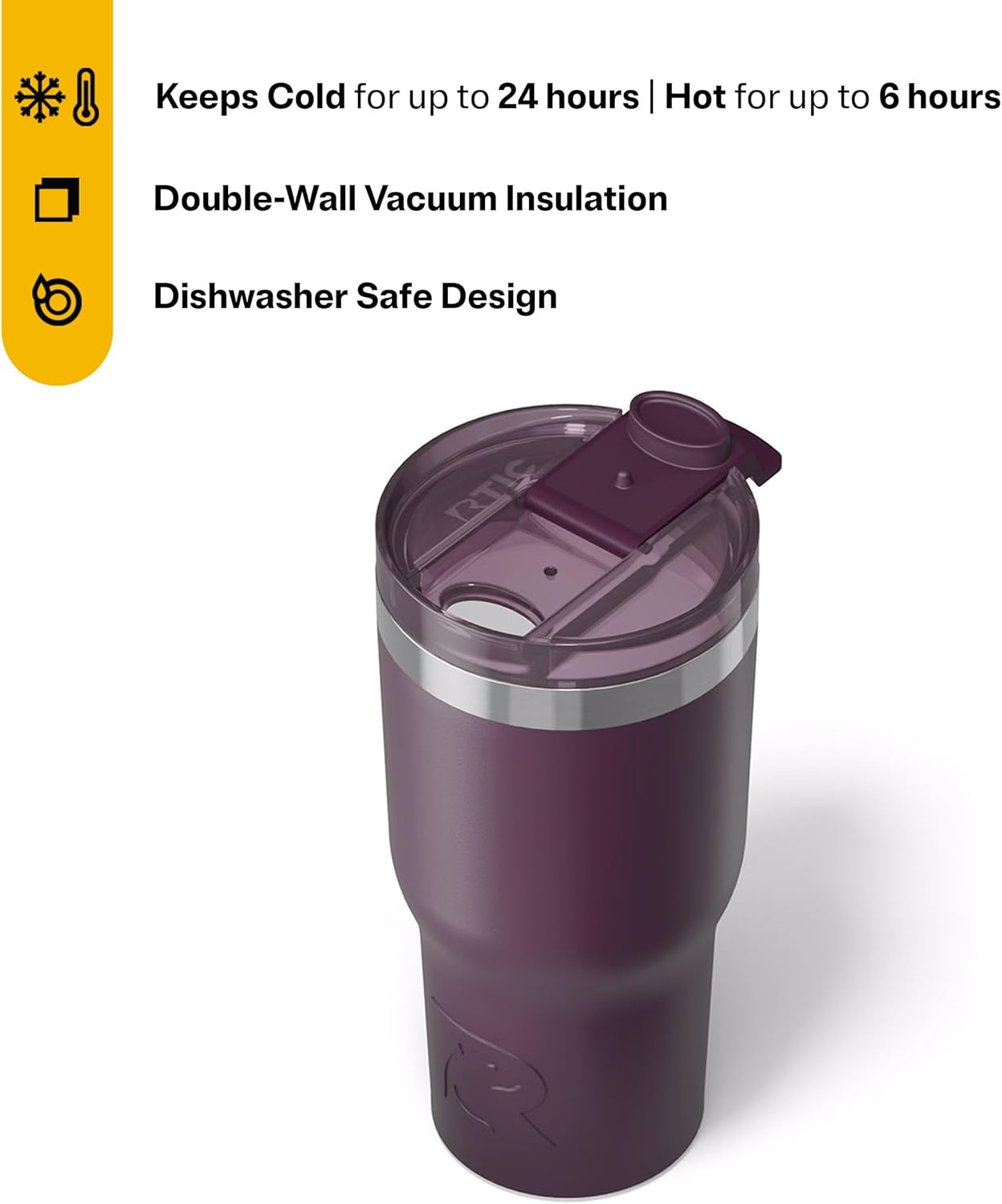 RTIC 20oz Essential Tumbler with Lid, Insulated, Stainless Steel, Metal, Double Wall Vacuum-Insulation, Ceramic Lined, Travel Cup for Iced Coffee, Tea, Hot and Cold Drink, Plum