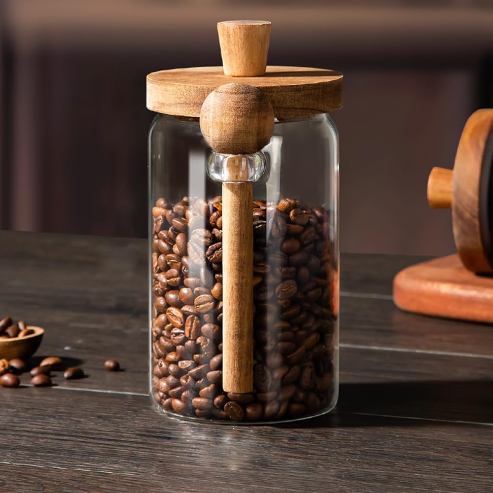 Glass Jars Containers with Wooden Handles Lids and Scoop Clear Canister Jars Set with Spoon for Kitchen Food Storage Coffee Tea Sugar Decorative Countertop Organization Jars 25 oz