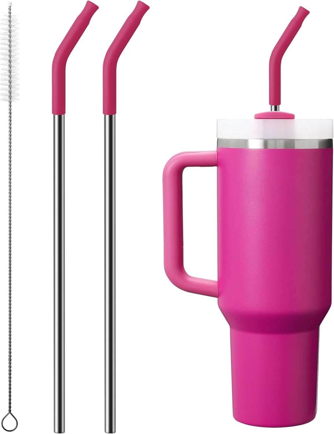 Repeatable Metal Straw with Silicone Tips for 30 oz Stanley Tumbler, 2 Pcs 30 oz Stainless Steel Straws Replacement for Stanley Tumbler, 1 Straw Brush, BPA Free（Fuchsia Red）