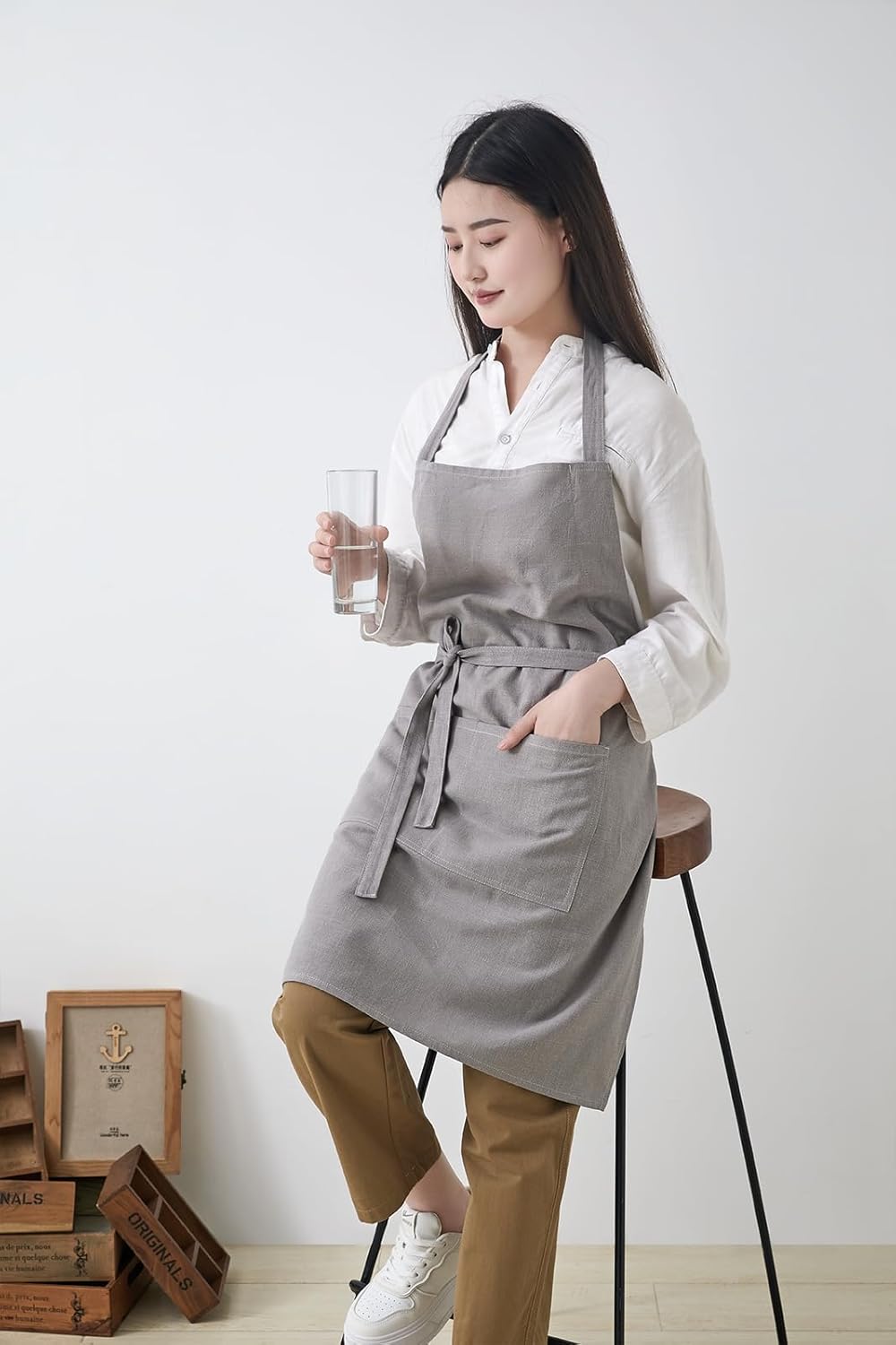 Cotton Linen Apron for Women - Adjustable Casual Apron with Pocktes, Great for Florist, Coffee House and Kitchen