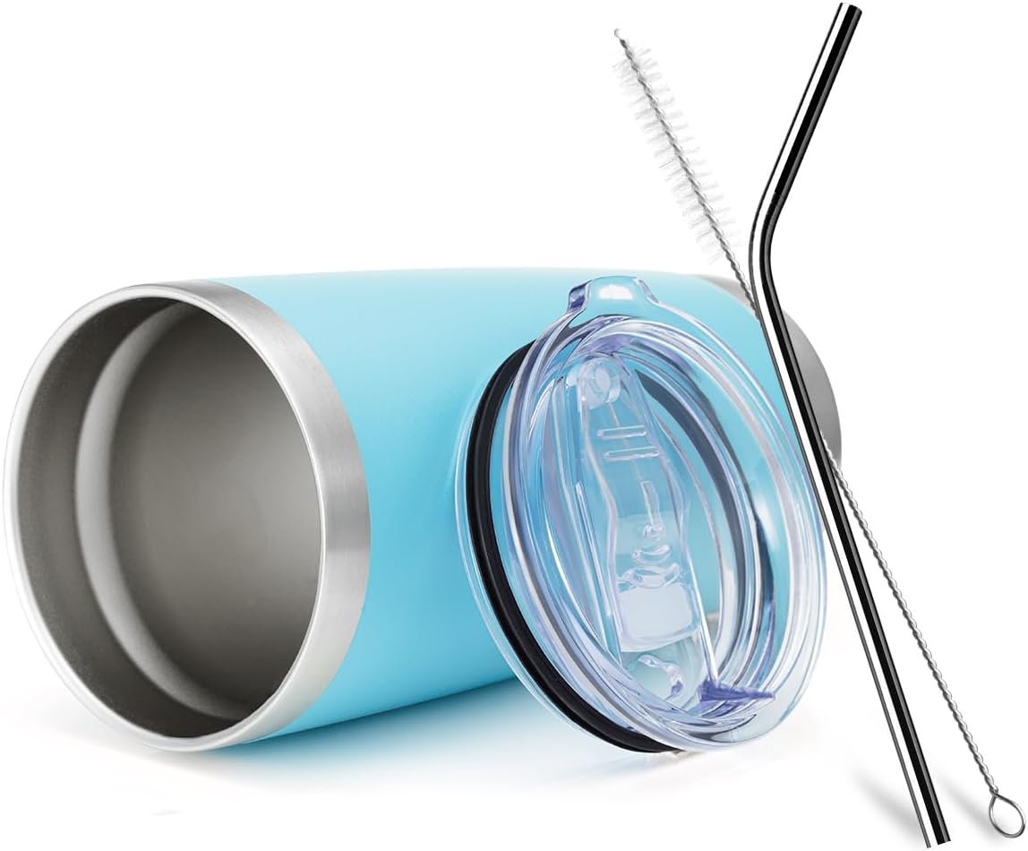 COMOOO 20oz Double Wall Vacuum Insulated Travel Mug, Stainless Steel Tumbler with Lid, Durable Powder Coated Insulated Coffee Cup for Cold & Hot Drinks, Light Blue