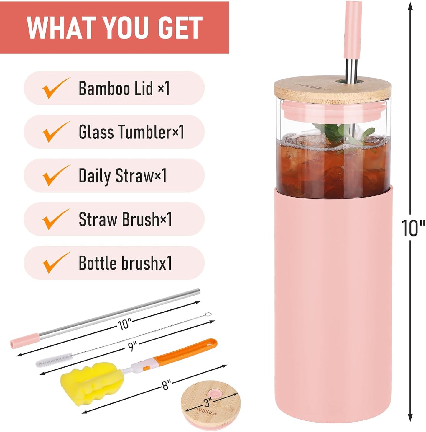 Glass Tumbler w/Lids & Straw: 24 oz Reusable Glass Cup w/Bamboo Lid, Stainless Steel Straws, BPA-Free, Leak-Proof, Dishwasher Safe for Coffee/Smoothies/Hot Beverage, Travel/Office/Home Use, 1-Pk