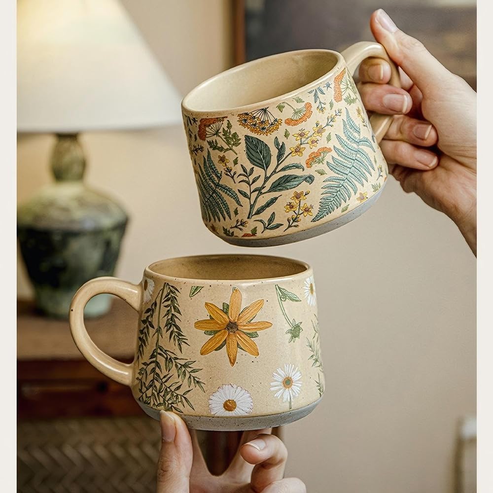 Floral Coffee Cup, 12oz Ceramic Hand Painted Porcelain Mug with Premium Gold Spoon, Cup for Cappuccino, Macchiato, Latte, Cafe, Tea, Unique Gift Idea (Summer's Whispers + Graceful Daisies)