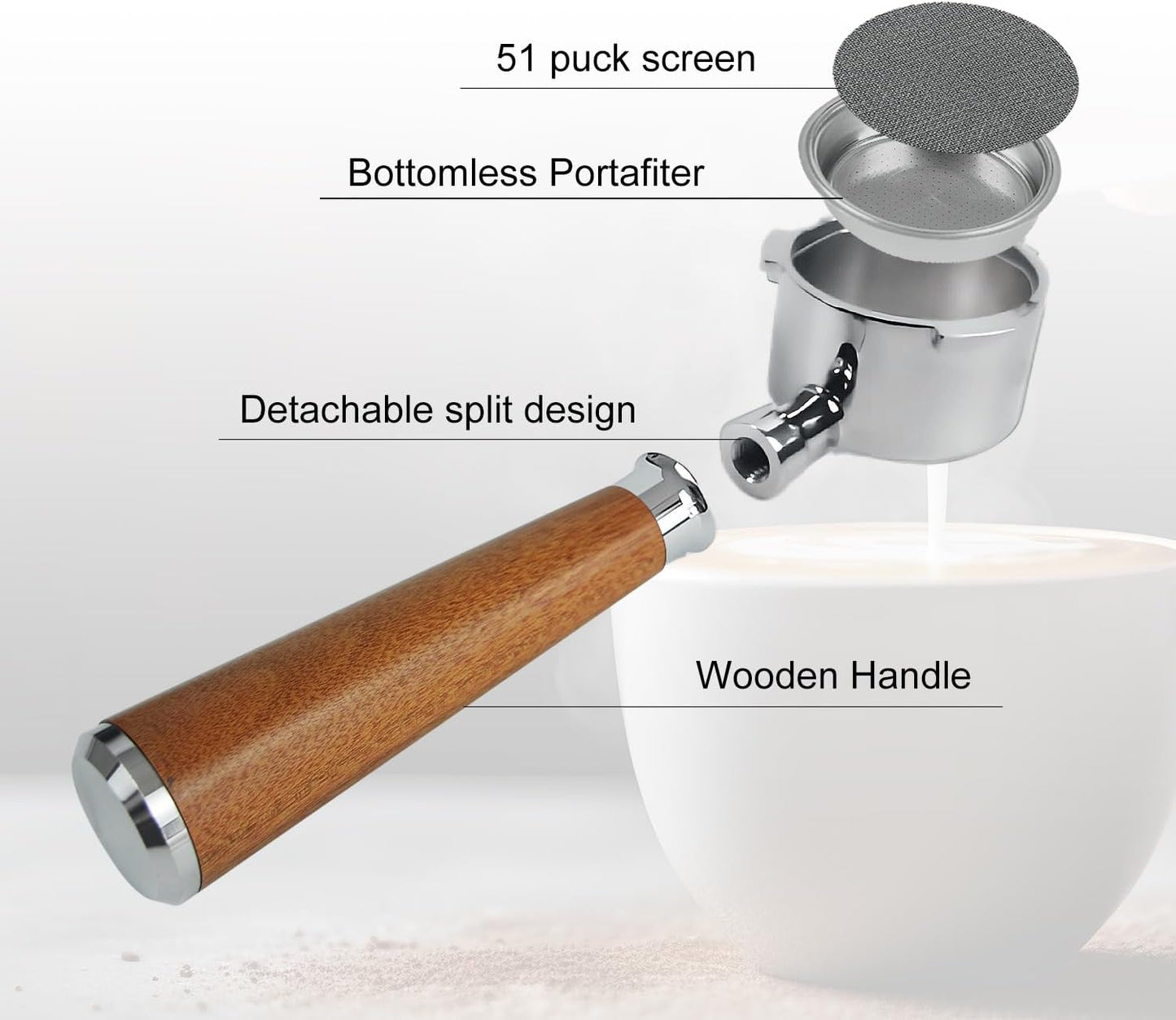 54mm Bottomless Portafilter 3 Ears Stainless Steel Espresso Portafilter Compatible with Puck Screen,Brush and Sandalwood Handle