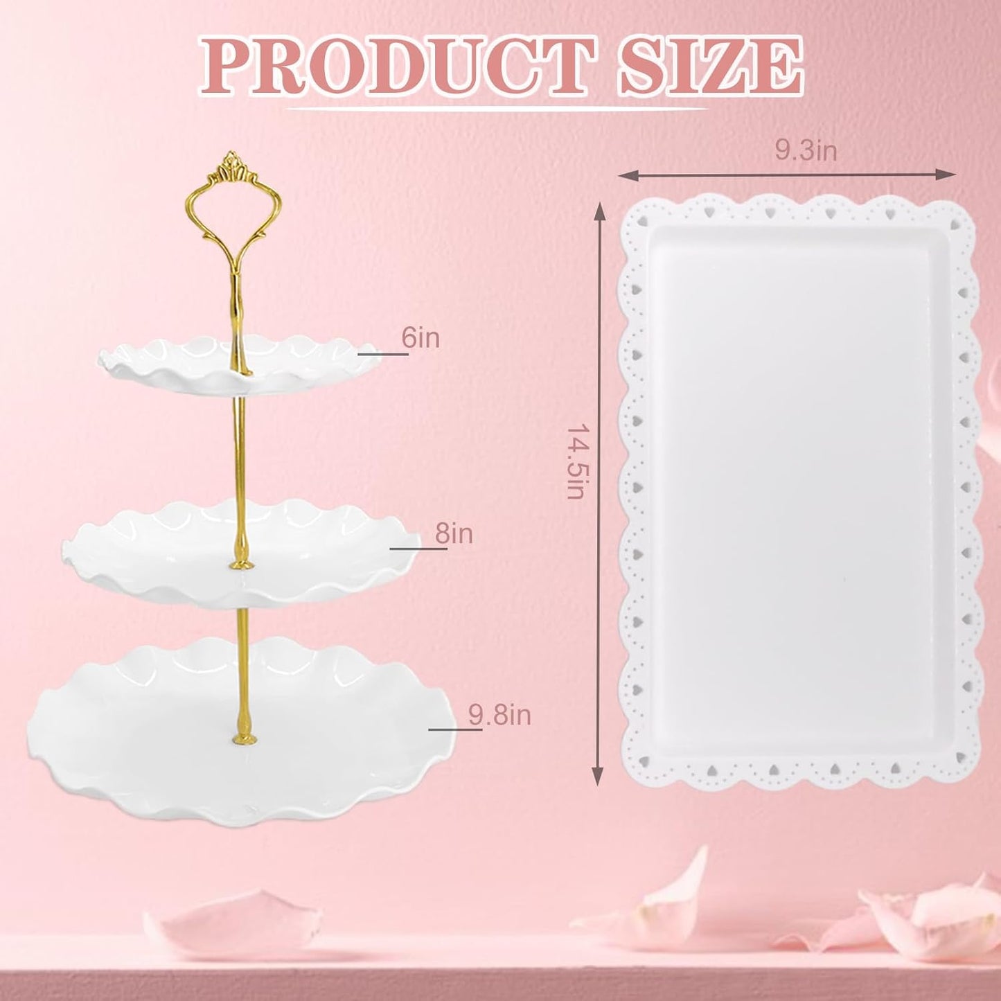 5 Pcs Dessert Table Display Set, White Plastic 2 Pcs Round 3 Tier Cupcake Stand Cup Cake Tower Stand with Metal Rod & 3 Pcs Serving Tray for Baby Shower, Tea Party, Wedding, Birthday Party