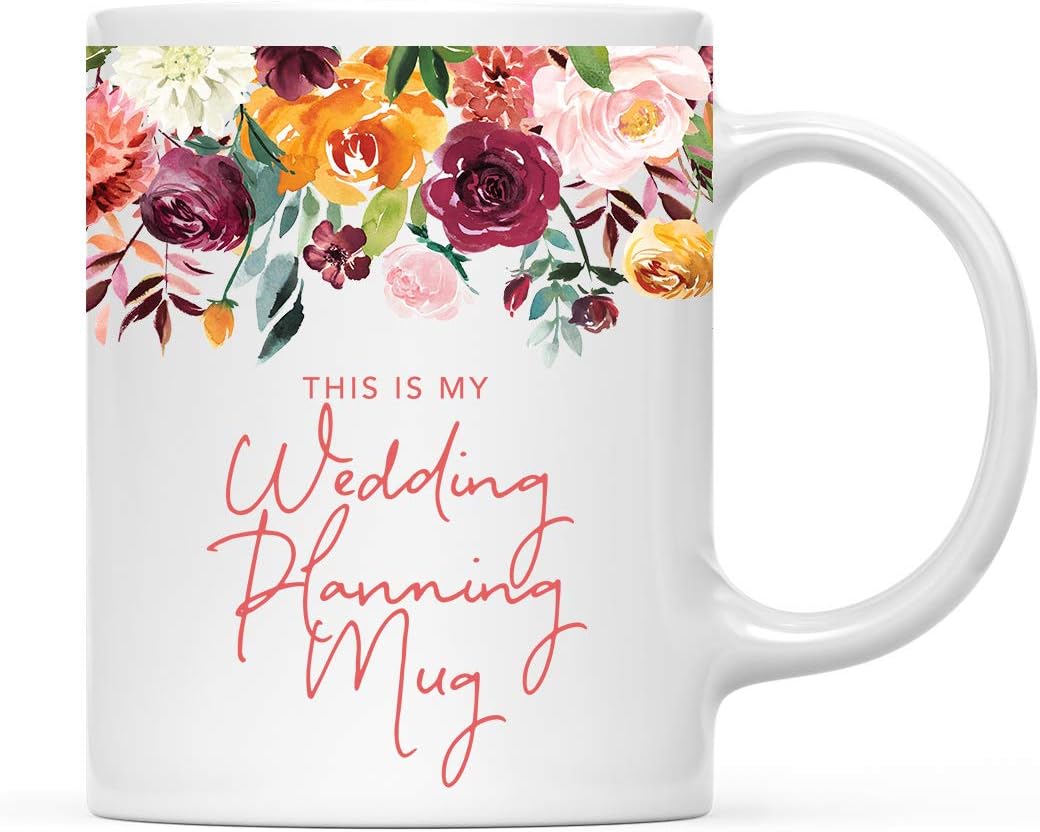 Andaz Press 11oz. Wedding Ceramic Coffee Tea Mug Gift, Fall Autumn Burgundy Orange Peach Flowers Roses Florals, This is My Wedding Planning Mug, 1-Pack, Includes Gift Box