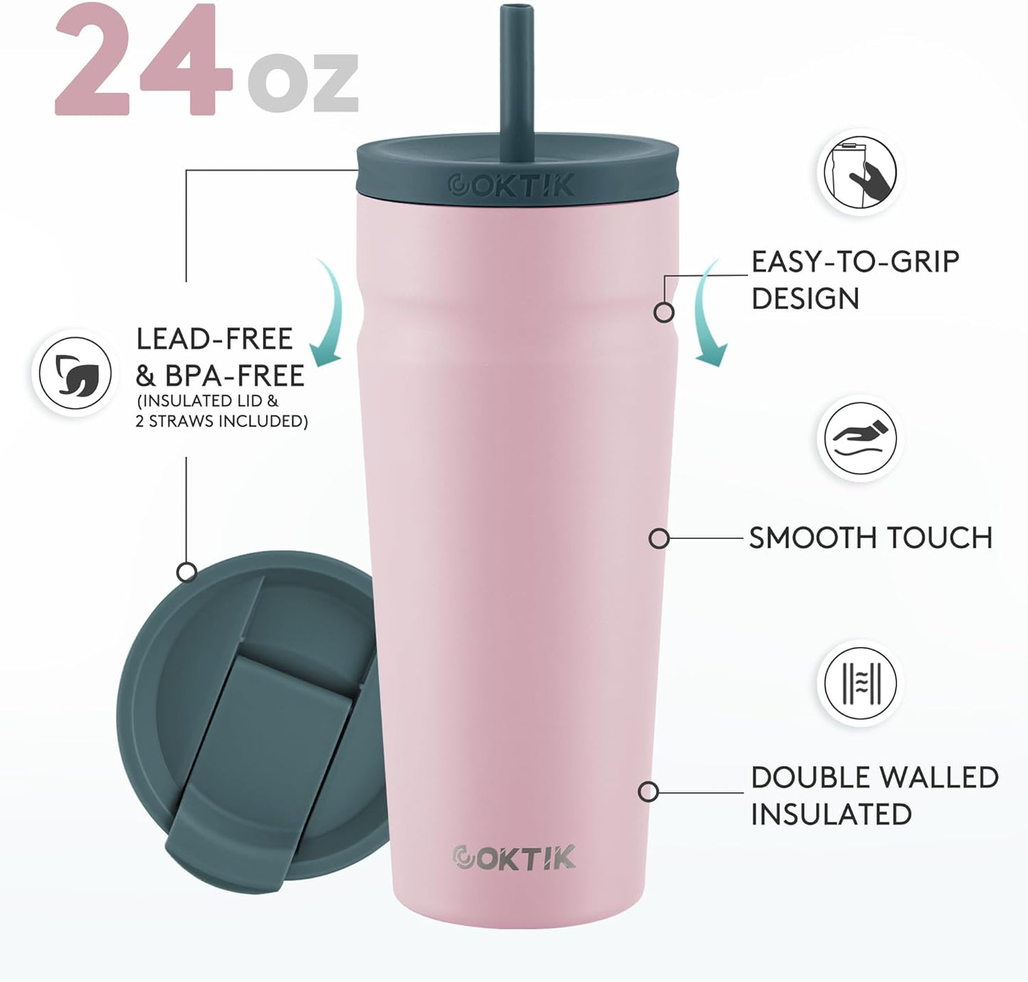 COKTIK 24oz Insulated Tumbler with Lid and Straw 2 Lids (Straw/Flip) Iced Coffee Cup Reusable Stainless Steel Travel Mug Water Bottle Cupholder Friendly for Women Men Her Him (Blush)