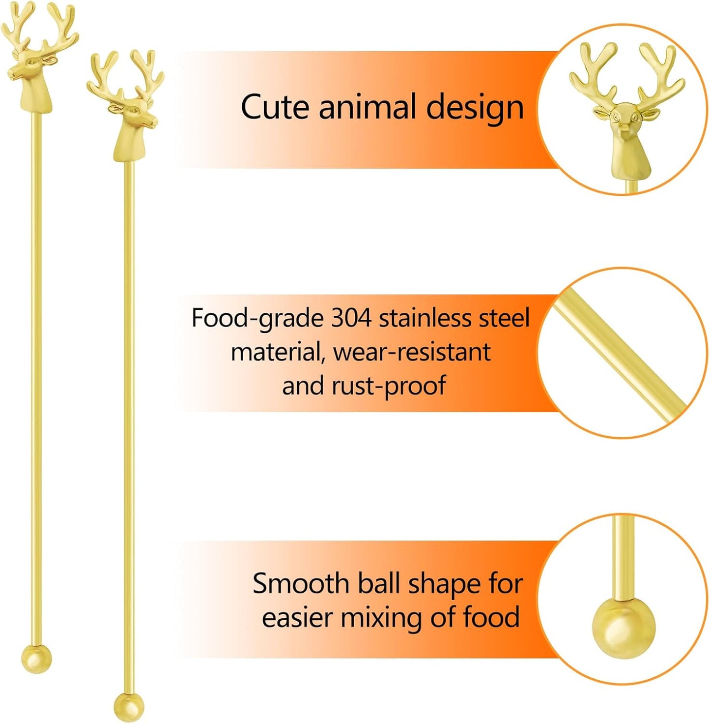 Swizzle Sticks,5 Pcs Stainless Steel Reusable Deer Head Shape Cocktail Stirrer Coffee Beverage Stir Sticks for Cocktail, Whiskey, Hot Cocoa, Creamer (Gold)