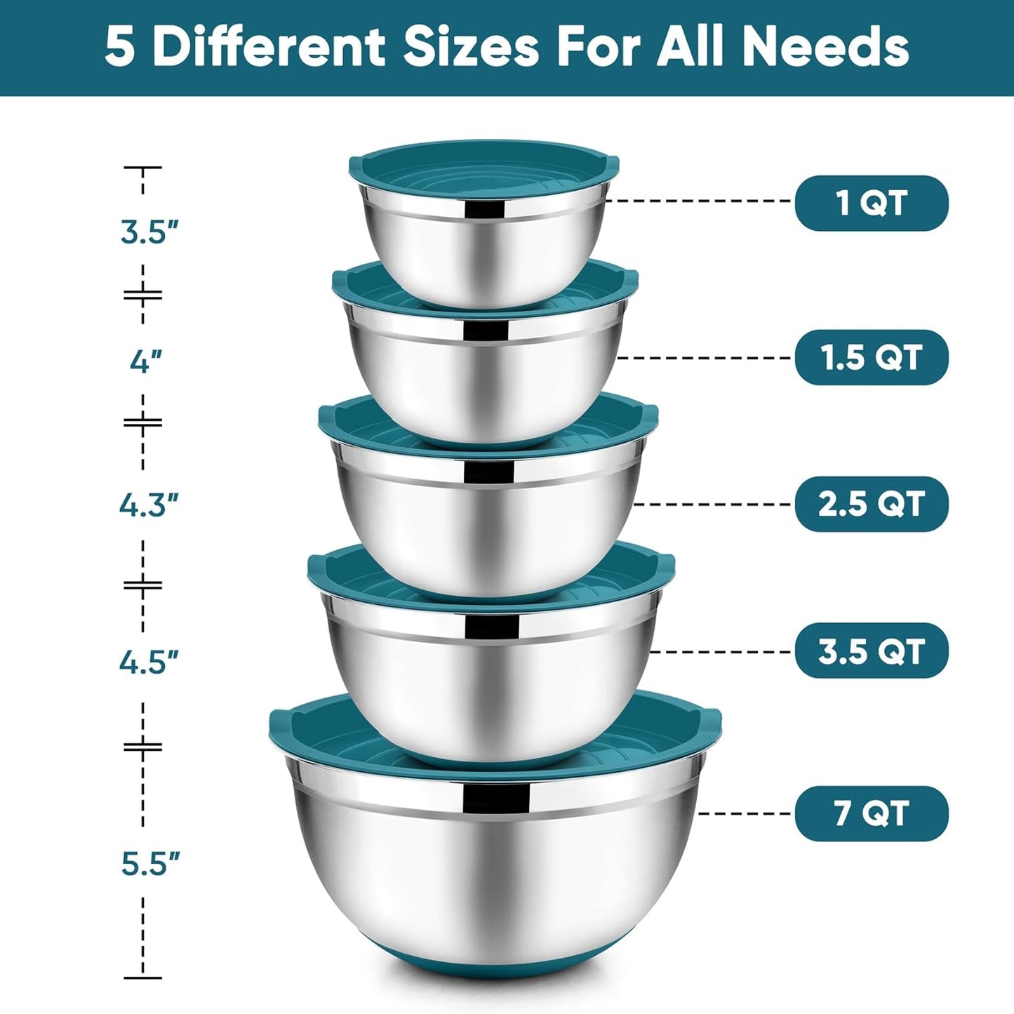 TeamFar Mixing Bowls with Lids Set, 7/3.5/2.5/1.5/1 QT, Stainless Steel Large Metal Nesting Salad Bowl Set of 5, Healthy & Sturdy, Non-slip Bottom & Airtight Lid-Blue