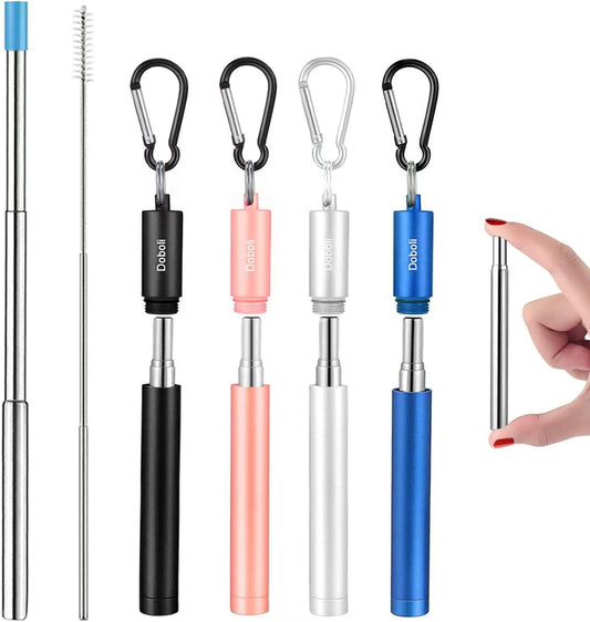 4 Pack Reusable Metal Straws Collapsible Stainless Steel Drinking Straw Travel Portable Telescopic Straw with Case for Cruise Ship Essentials Black-Silver-Rose Gold-Blue