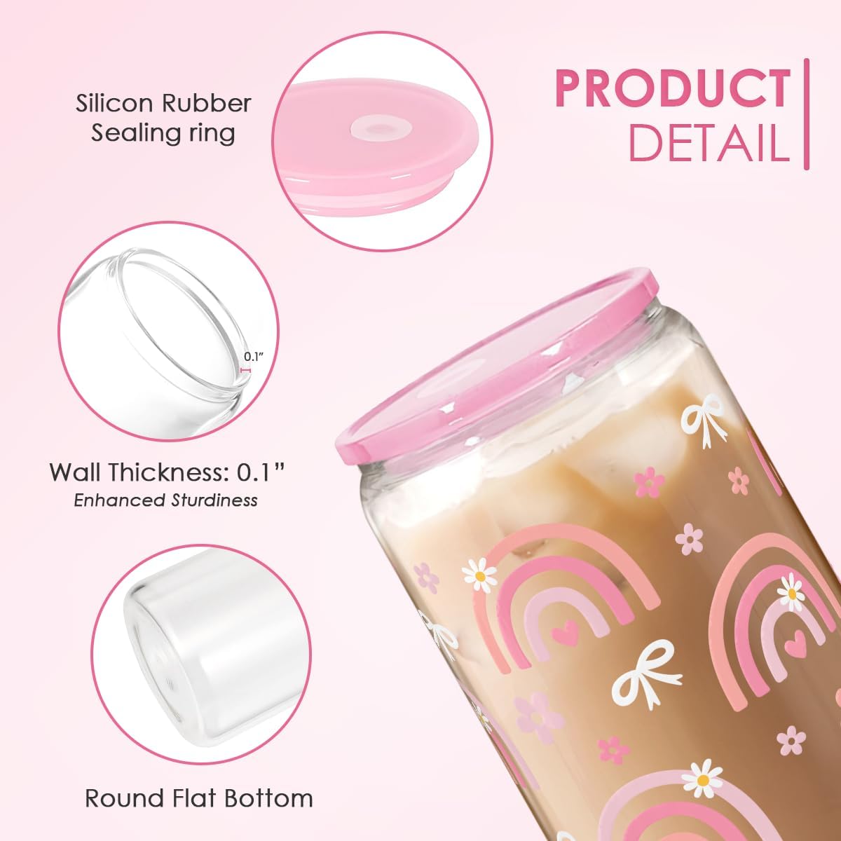 Rainbow 16oz Can Glass Tumbler with Acrylic Lid & Straw, Iced Coffee Cup for Women Girls, Aesthetic Cups Gifts for Birthday Christmas