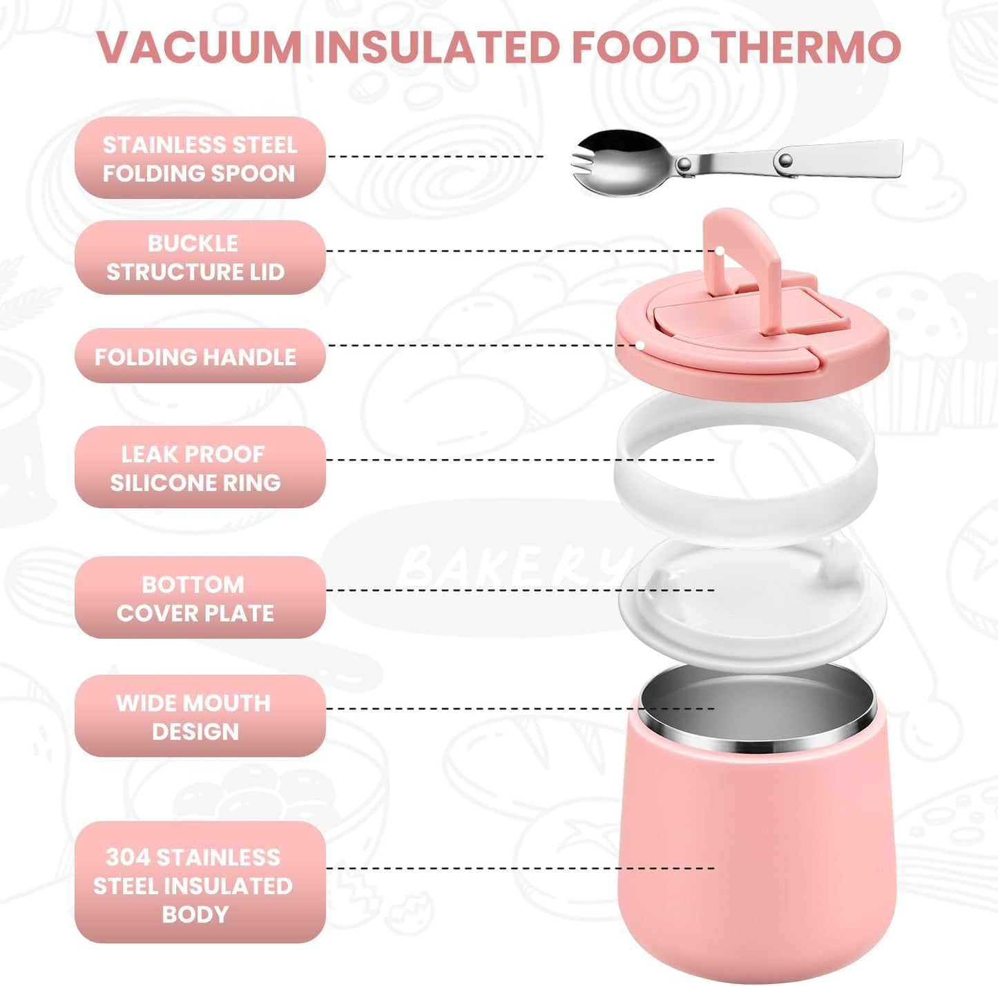 Soup Thermo for Hot Food 20oz Lunch Containers with Buckle Lid Wide Mouth Hot Food Jar Vacuum Insulated Stainless Steel Bento Box Leakproof with Spoon(Pink)