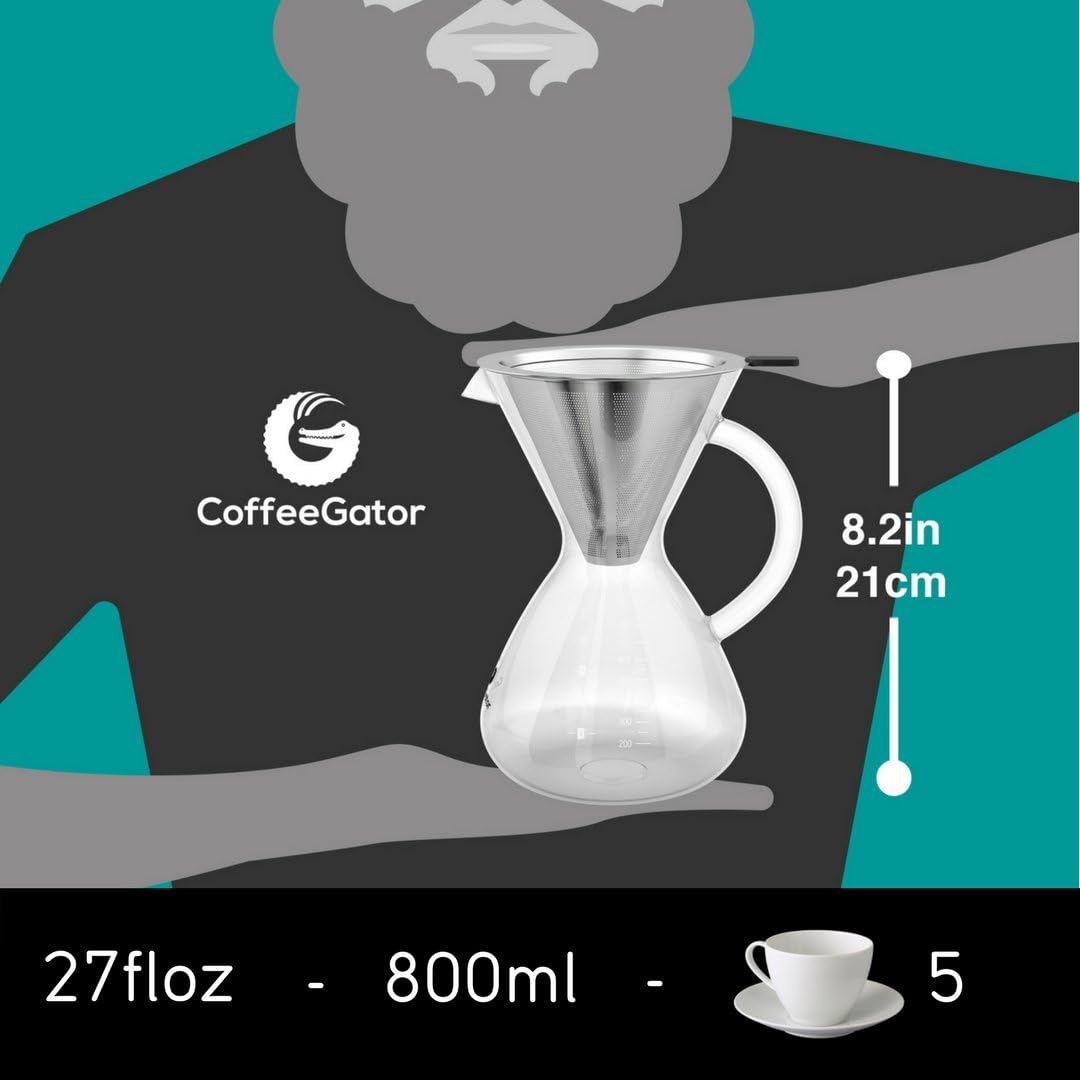 Coffee Gator Pour Over Coffee Maker - 27oz High Heat Borosilicate Glass with Reusable Stainless Steel Filter, Drip Coffee Brewer Dripper Set Carafe, 800ml Clear