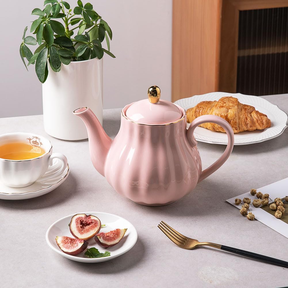 Sweejar Royal Teapot, Ceramic Tea Pot with Removable Stainless Steel Infuser, Blooming & Loose Leaf Teapot - 40 Ounce (Pink)