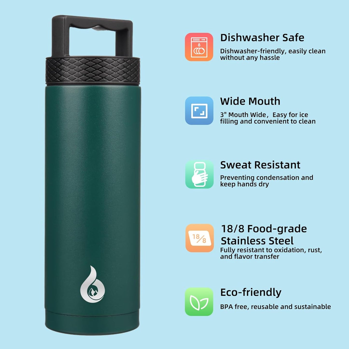 BJPKPK Insulated Water Bottles, Dishwasher Safe 18 oz Water Bottle with Handle, Leakproof BPA Free Water Jug, Stainless Steel Thermos for Sports, Army Green