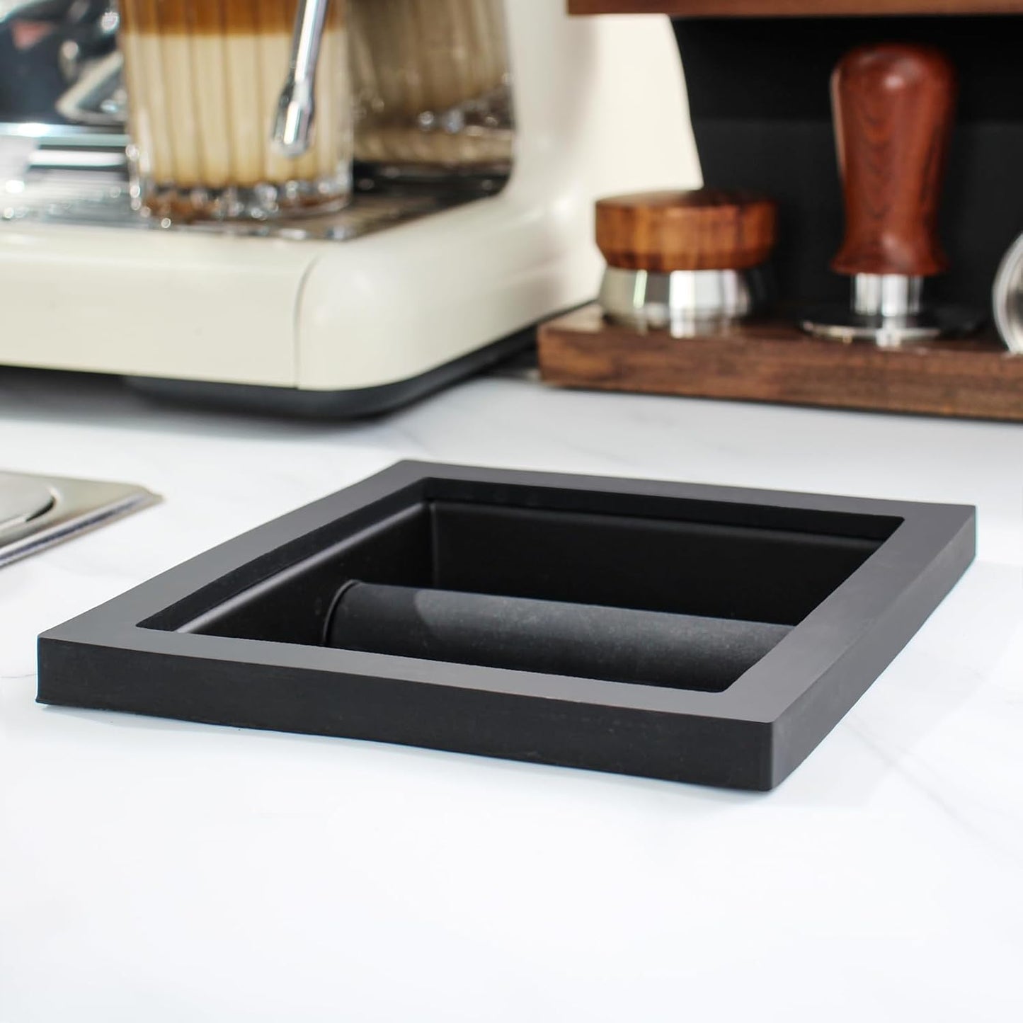 Espresso Coffee Ground Knock Box Chute, Built-in Desktop Waste Bucket, Stainless Steel Bottomless Knocking Residue Box (Trapezoid)