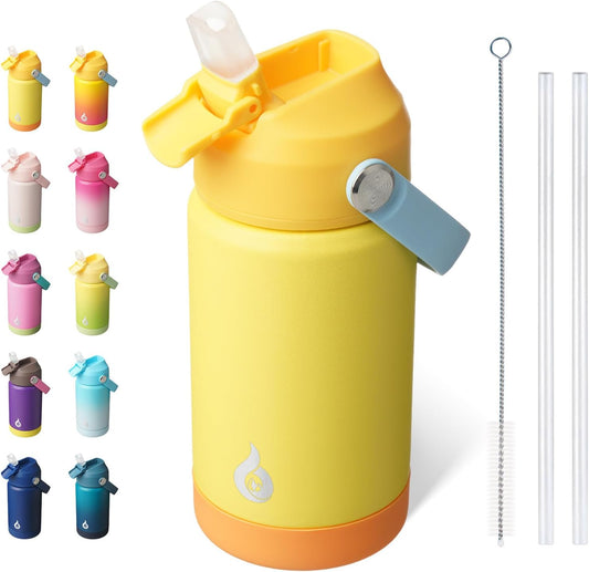 BJPKPK Insulated Water Bottle with Straw Lid, 12oz Thermos Water Bottles with Soft Nozzle, Flex Handle & Non-slip Boot, BPA Free Leak Proof Stainless Steel Metal Thermos, Tumblers, Cups,Yellow