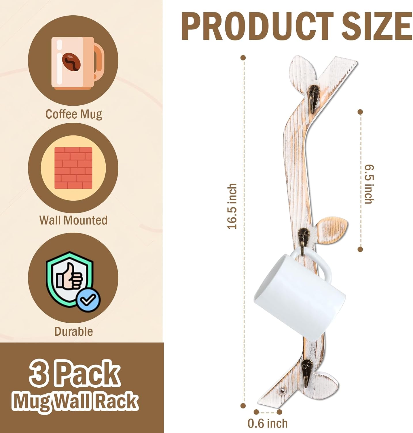 3 Pack Wood Coffee Mug Wall Rack with 9 Hooks Wall Mount Coffee Cup Holder White Espresso Cup Display Stand Tea Cup Hanger Display Wall for Kitchen Cafe Bar