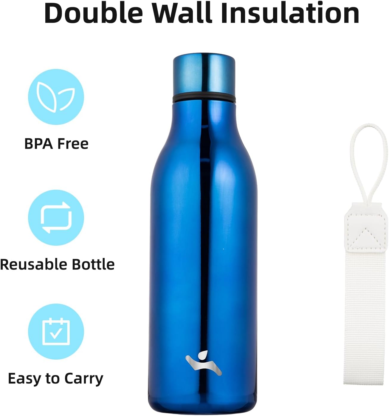 Insulated Water Bottle with Strap,18 oz Double Wall Stainless Steel Vacuum Bottles Metal Water Flask,Shining Blue