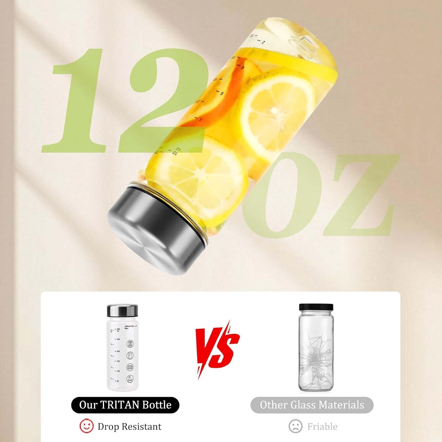 4 Pack Juice Bottles with Caps - Wide Mouth Resuable Clear Plastic Water Bottles for Juicing,Smoothie,Protein, Beverage,Storage Containers,BPA Free,Leakproof Stainless Steel Lid(12 Ounces)