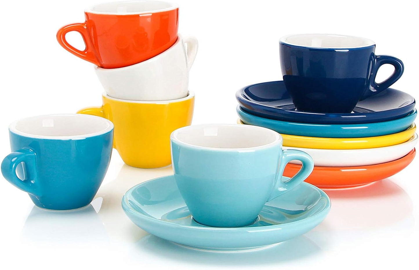 Sweese 2 Ounce Espresso Cups with Saucers, Porcelain Espresso Cups Set of 6 - Hot Assorted Colors