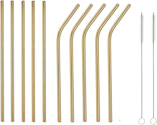 10 Pcs Stainless Steel Straws, Reusable Drinking Straws, 5 Straight + 5 Bent Metal Straws Set With 2 Pcs Cleaning Brushes (Gold, 8.5 Inch)
