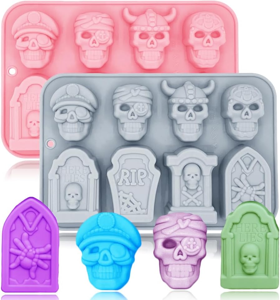 Halloween Chocolate Mold Silicone,2pcs Cavity Candy Gummy Mold with Skull and Tombstone for Baking Chocolate Jelly Gummy Desser