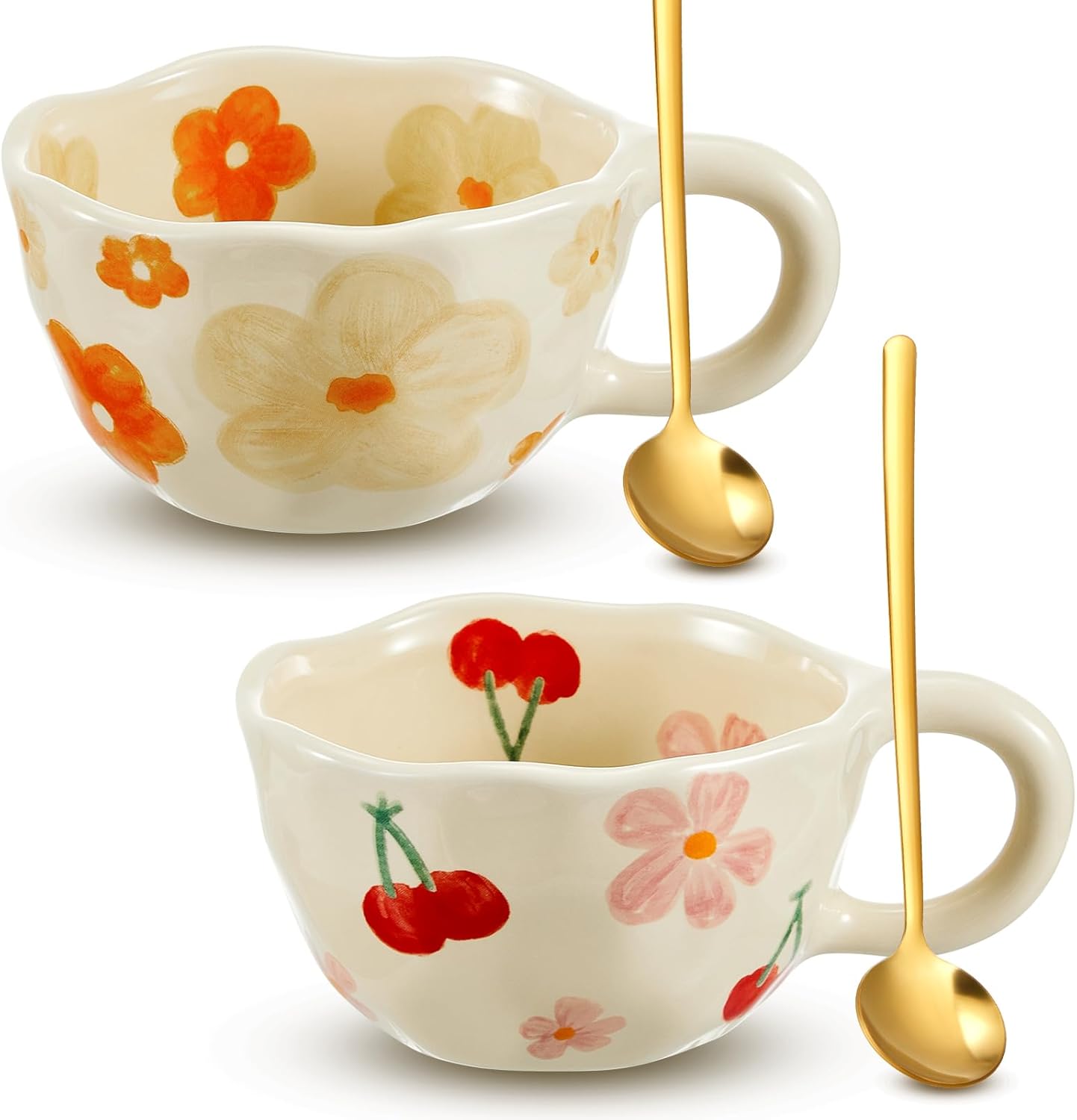 Vesici 2 Pcs Ceramic Coffee Mugs Flower Cups with Spoon Vintage Floral Mugs with Handle 8.5 oz Aesthetic Tea Porcelain Cup Gift for Valentine Office Home, Dishwasher and Microwave Safe(Fresh)