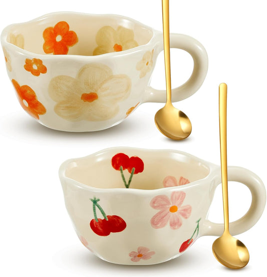 Vesici 2 Pcs Ceramic Coffee Mugs Flower Cups with Spoon Vintage Floral Mugs with Handle 8.5 oz Aesthetic Tea Porcelain Cup Gift for Valentine Office Home, Dishwasher and Microwave Safe(Fresh)
