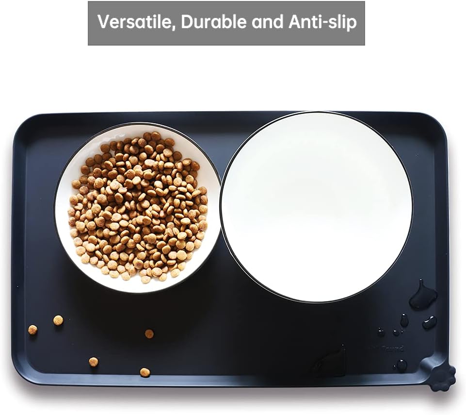 Hoki Found Silicone Pet Food Mats Tray - Non Slip Pet Bowl Mats Placemat - Dog Cat Feeding Mat - Waterproof Dog Food Mats -Pet Water Mats for Floors -Black