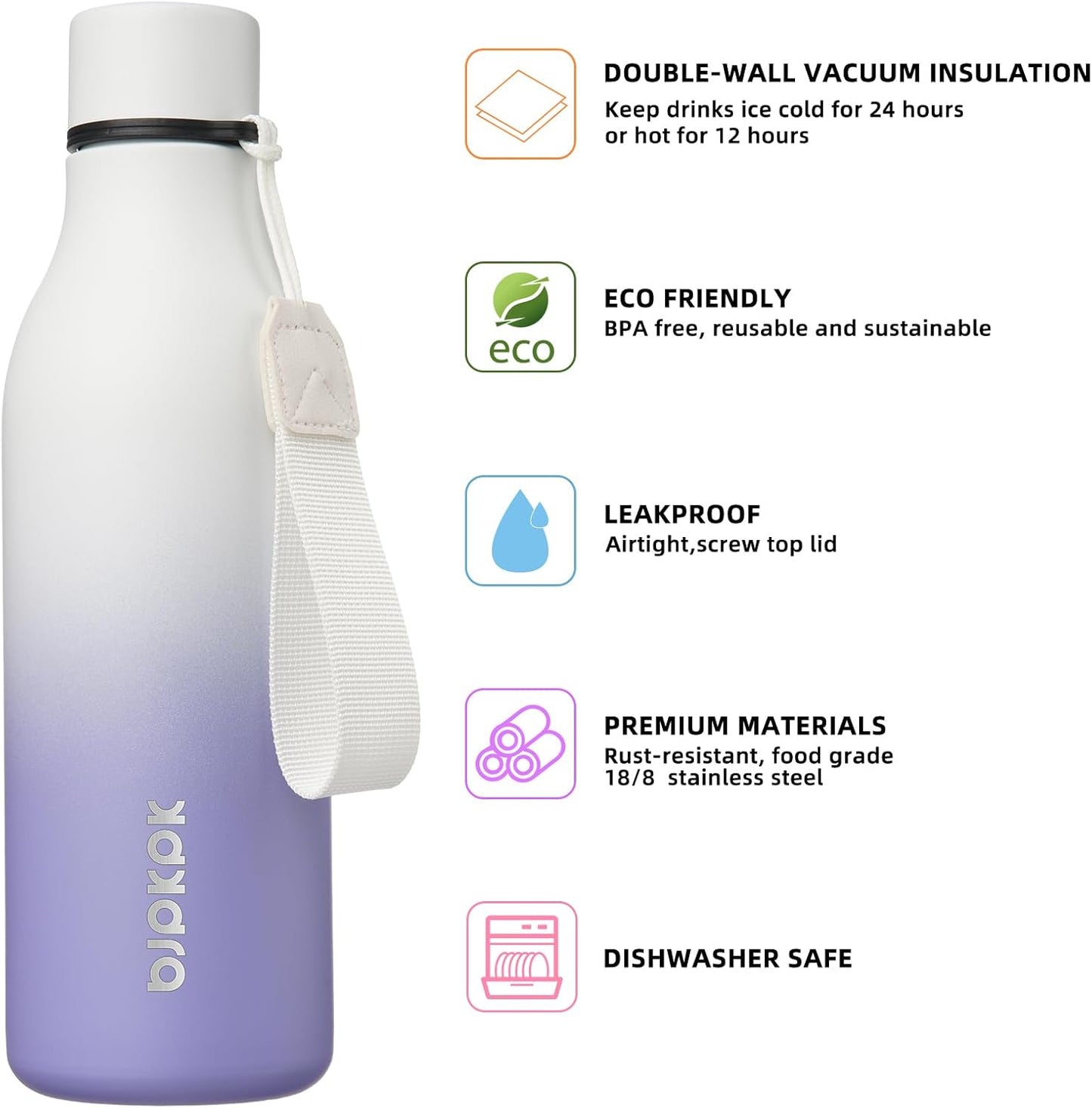 BJPKPK Insulated Water Bottles, 18 oz Stainless Steel Metal Water Bottle with Strap, BPA Free Leak Proof Thermos, Mugs, Flasks, Reusable Water Bottle for Sports & Travel, Lilac Elegance