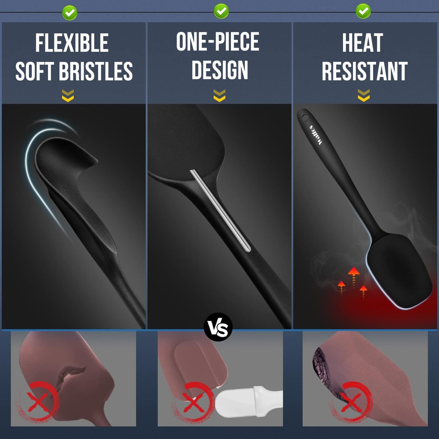 Walfos Silicone Spatula Set of 8(600°F）- Heat Resistant Kitchen Silicone Scraper Spatulas & Mini Spatulas, One-Piece Seamless Design, Perfect for Cooking Mixing & for Non-stick Cookware,black