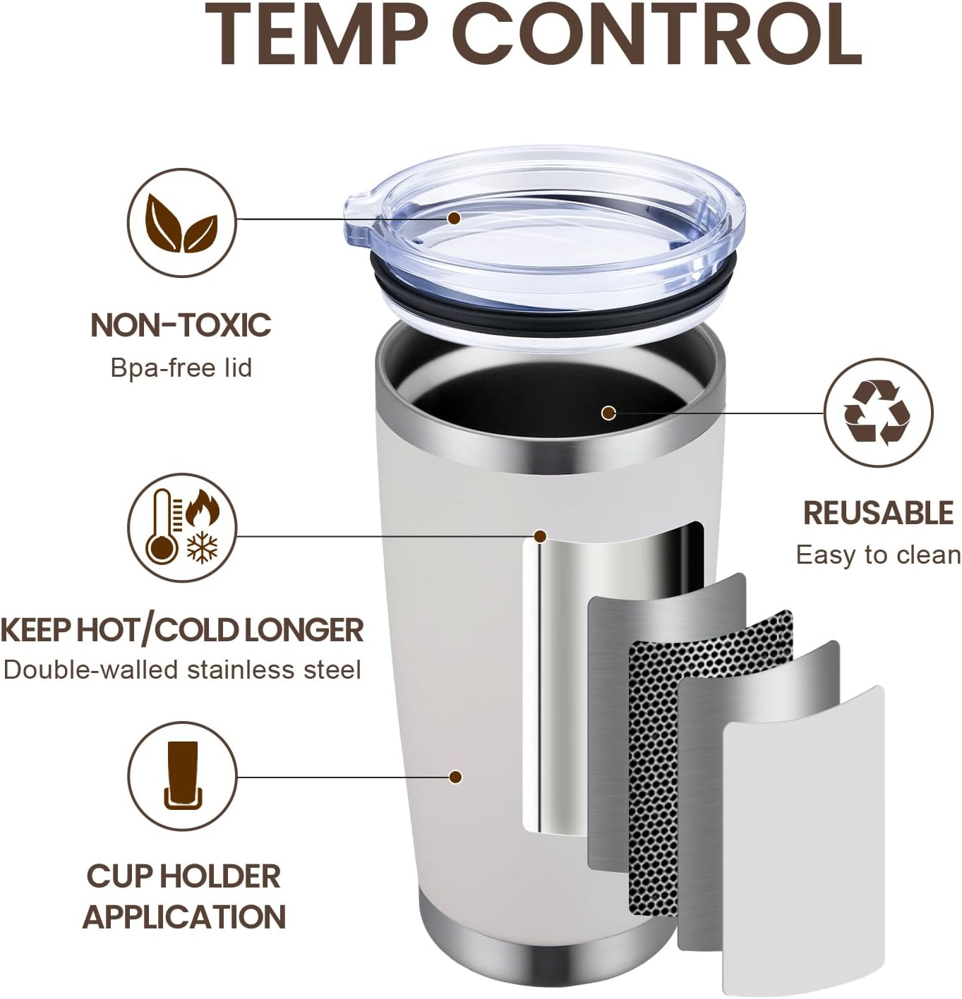 MEWAY 20oz Tumbler 8 Pack Double Wall Vacuum Insulated Travel Mug Bulk, Stainless Steel Tumblers with Lid and Straw, Durable Powder Coated Coffee Cups for Cold & Hot Drinks (White, 8)