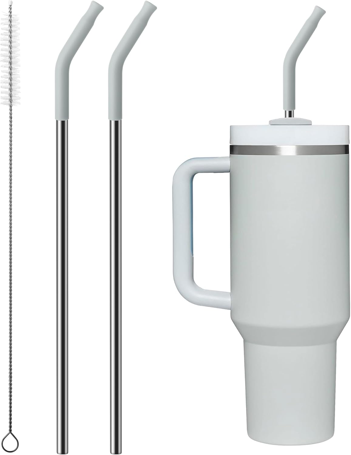 Metal Straw with Silicone Tip for 40oz Stanley Cup, 2 Pcs Stainless Steel Straws Replacement for Stanley 40 oz Adventure Quencher Travel Tumbler Cup, 1 Straw Brush (Light Gray)