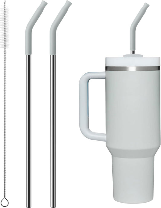 Metal Straw with Silicone Tip for 40oz Stanley Cup, 2 Pcs Stainless Steel Straws Replacement for Stanley 40 oz Adventure Quencher Travel Tumbler Cup, 1 Straw Brush (Light Gray)