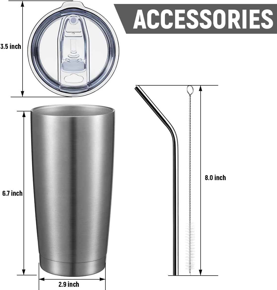 COMOOO 20oz Stainless Steel Tumbler Bulk Double Wall Vacuum Coffee Cup Insulated Travel Mug with Lid and Straw Durable Powder Coated Insulated Coffee Cup for Cold & Hot Drinks (silver, 6 pack