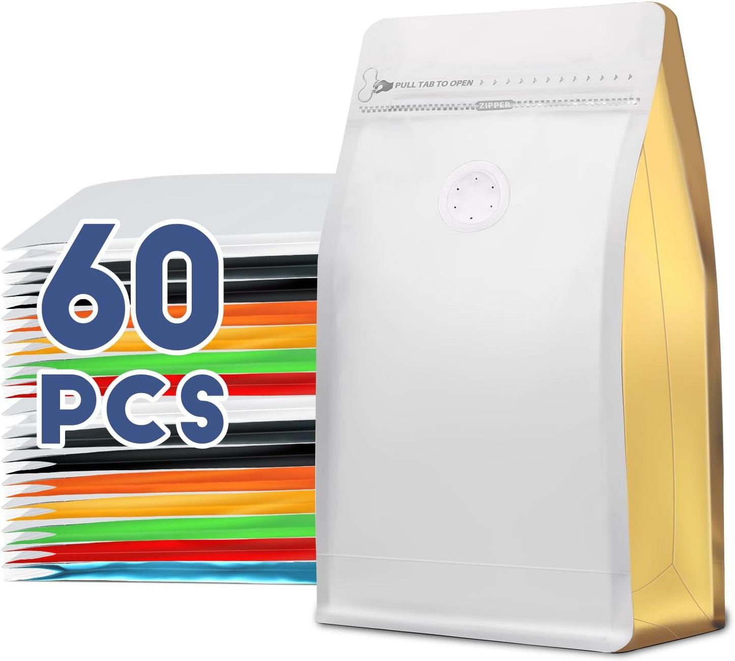 Coffee Bags with Valve(60pcs,8 oz,1/2 lb) Vented Coffee Beans Packaging Bags High Barrier Aluminumed Foil Flat Bottom Heat Sealed Side Zipper Resealable Storage Bag for Home or Business（White+Gold）