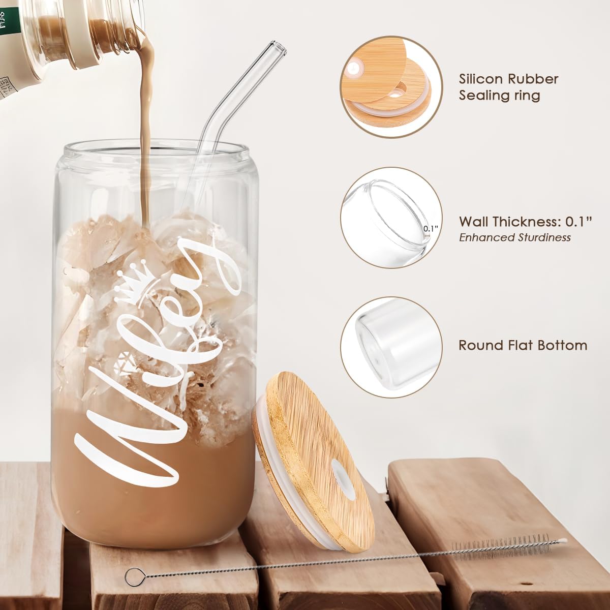 SANDJEST Wife Glass Can, Wifey Cup with Lid & Straw, Iced Coffee Aesthetic Cups, Idea Gift for Christmas Marriage Birthday Anniversary Valentine, Gifts for Women, 16oz