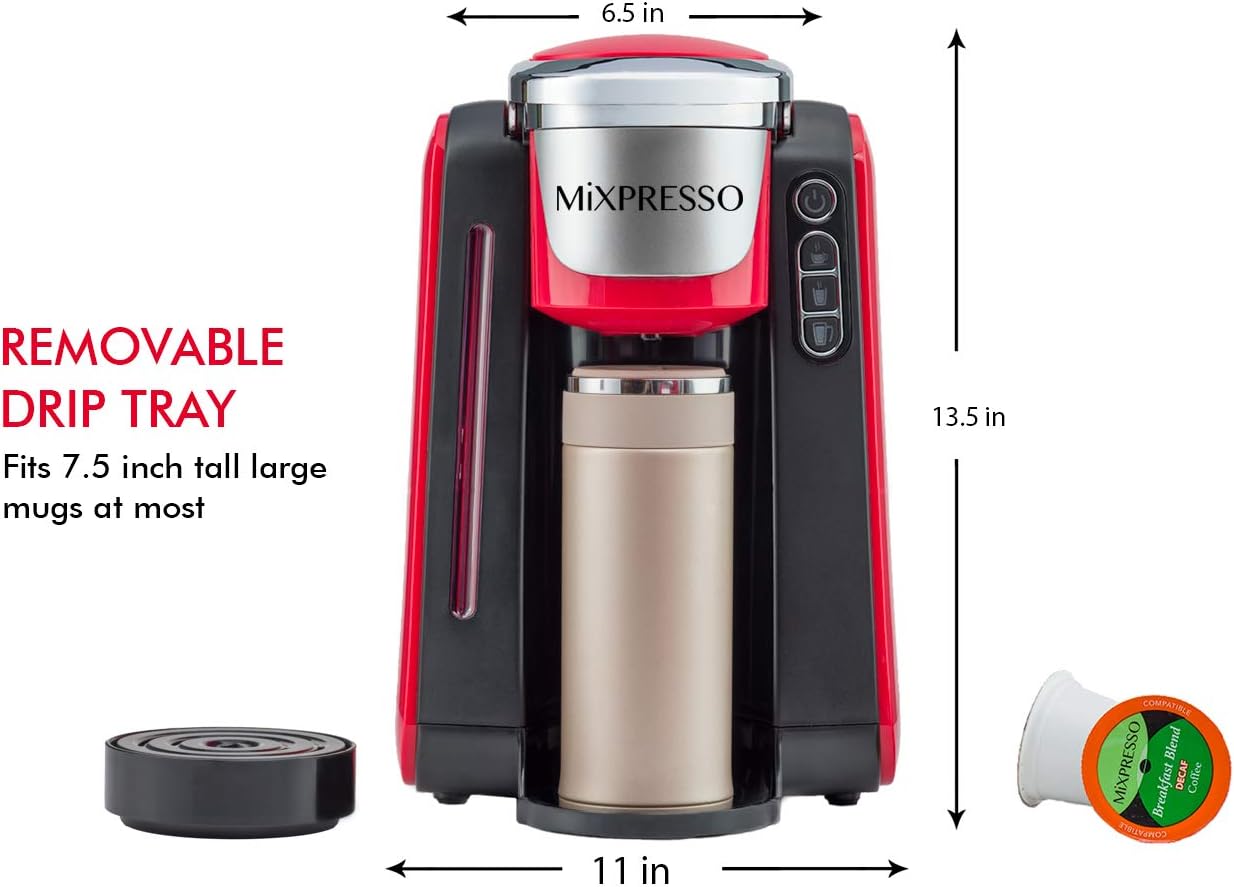 Mixpresso Single Cup Coffee Maker Compatible With 1.0 & 2.0 Single Cup Pods, Removable 45oz Water Tank, Quick Brewing with Auto Shut-Off, One Touch Function (Red/Black)