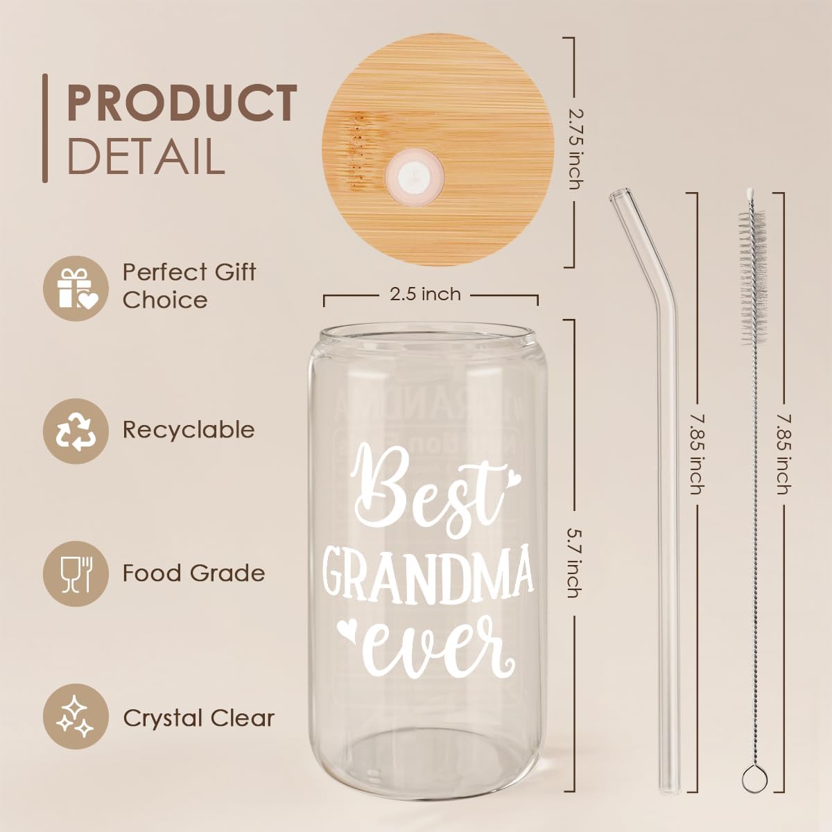 Grandma 16 Oz Can Glass Tumbler with Bamboo Lid and Straw - Iced Coffee Cups for Women, Aesthetic Glass Cup Gift for Grandmother Nana Birthday Christmas Mother's Day