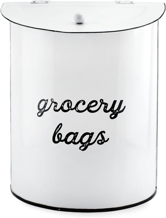 AuldHome Design Rustic Grocery Bag Holder; Wall-Mounted Vintage Enamelware Farmhouse Style Plastic Bag Dispenser for Kitchen or Laundry Room