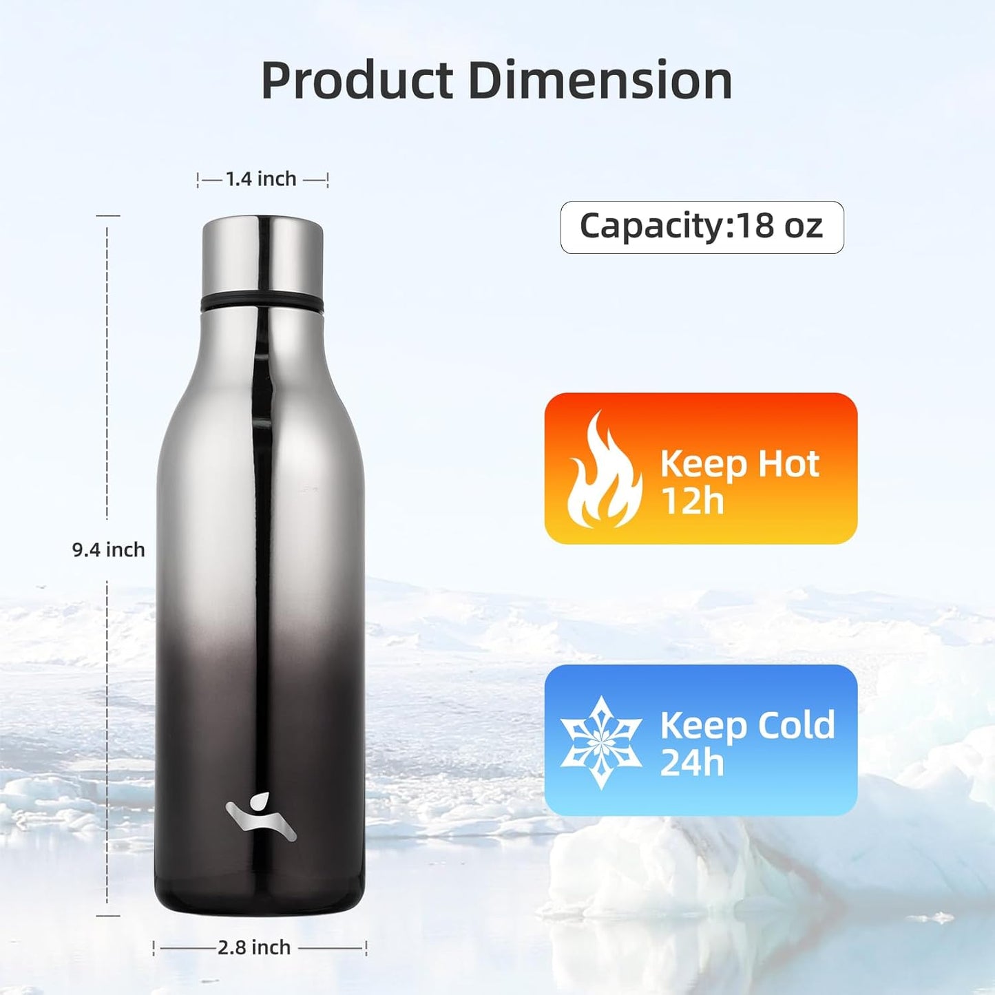 Insulated Water Bottle with Strap,18 oz Double Wall Stainless Steel Vacuum Bottles Metal Water Flask,Silver Miner