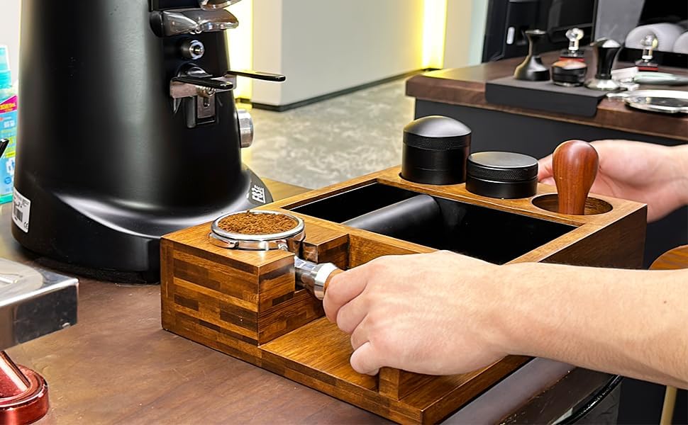 13.4'' Large Espresso Knock Box and Tamping Station, Solid Wood Espresso Accessories Organizer Box for 51MM-58MM Tamper, Distributor, Portafilter, High-Capacity Espresso Coffee Organizer