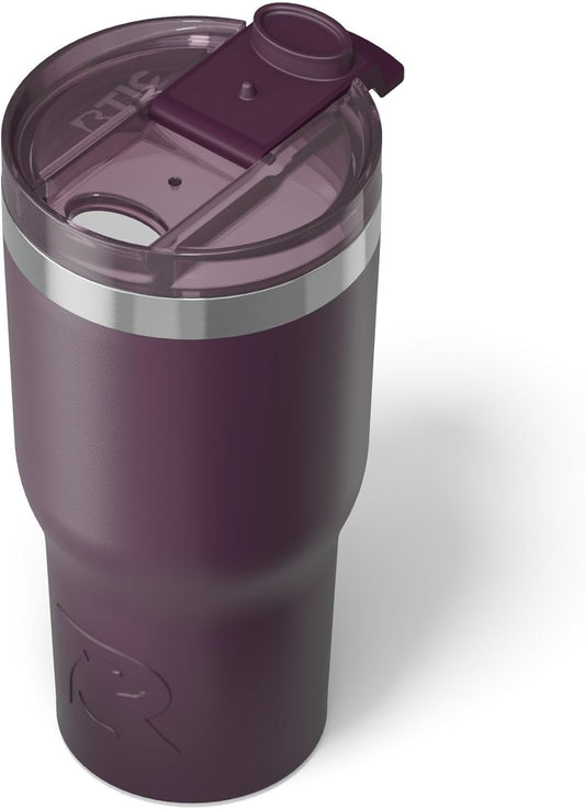 RTIC 20oz Essential Tumbler with Lid, Insulated, Stainless Steel, Metal, Double Wall Vacuum-Insulation, Ceramic Lined, Travel Cup for Iced Coffee, Tea, Hot and Cold Drink, Plum
